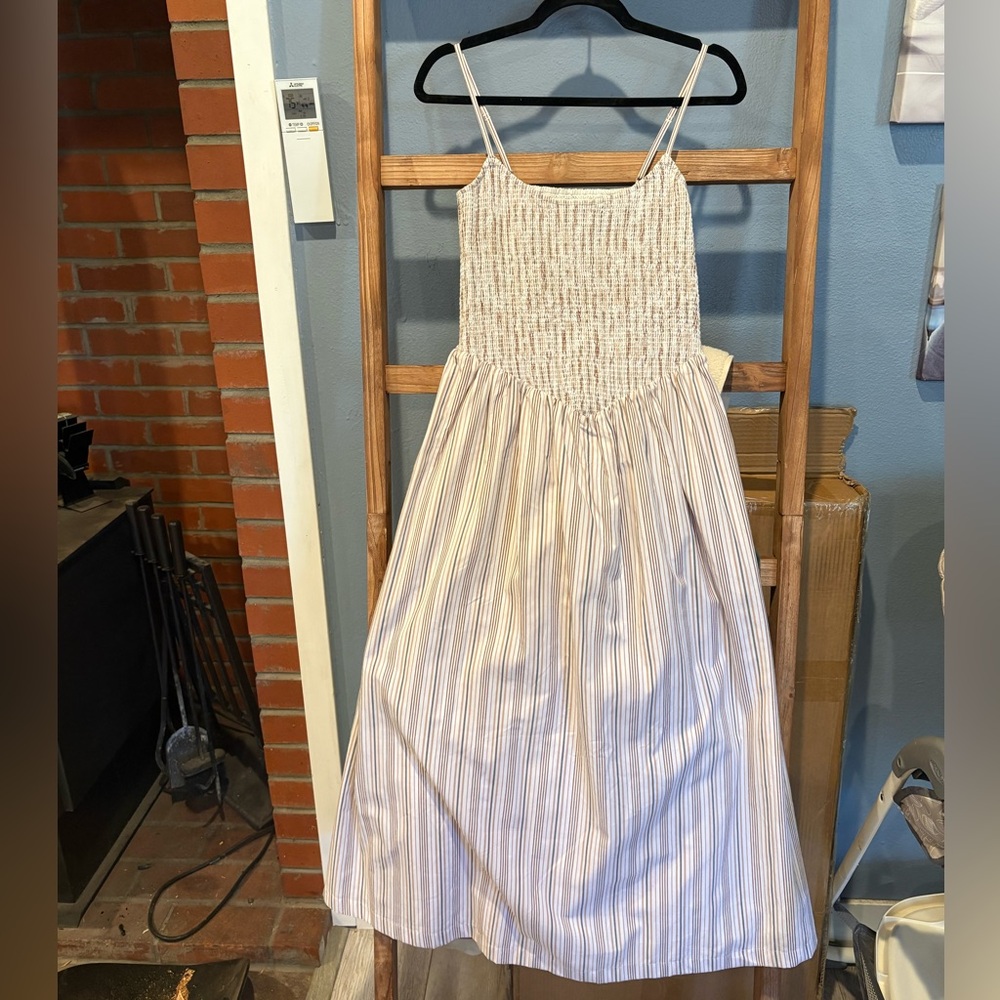 Abercrombie & Fitch Cream and Brown Striped Smocked Midi Dipped Waist Dress